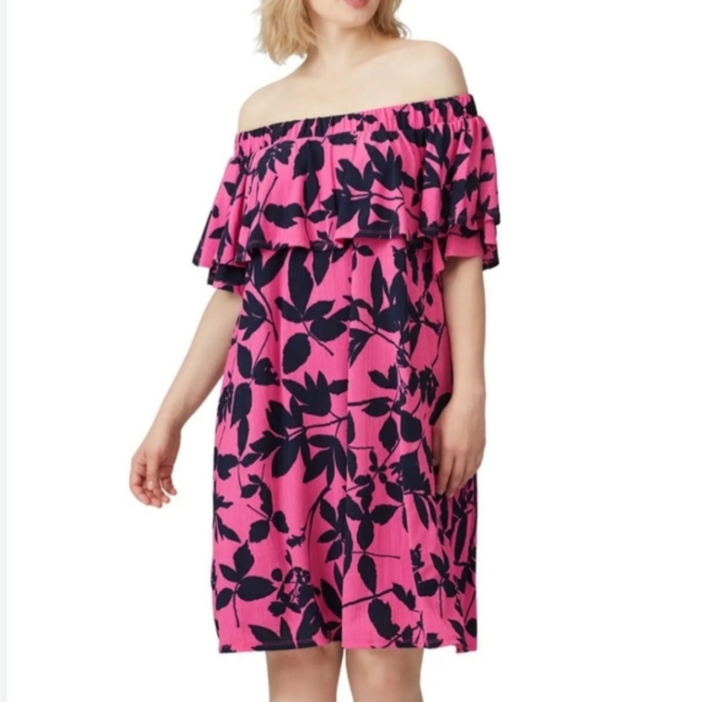 RACHEL Rachel Roy XL Ruffled Pink & Navy Off The Shoulder Dress